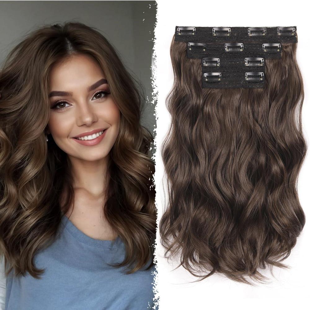 imageBlonde Clip in Hair Extensions 14 Inch Wavy Synthetic Hair Extensions Clip ins Color Dark Blonde with Bleach Blonde HighlightsBrown