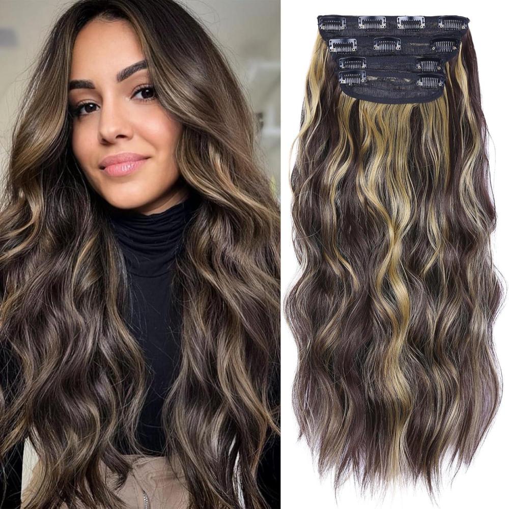 imageBlonde Clip in Hair Extensions 14 Inch Wavy Synthetic Hair Extensions Clip ins Color Dark Blonde with Bleach Blonde HighlightsBrown with Blonde Highlights