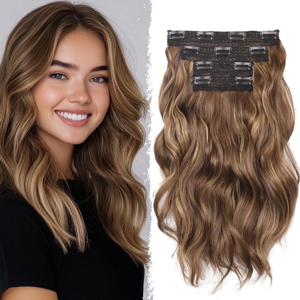 imageBlonde Clip in Hair Extensions  14 Inch Wavy Synthetic Hair Extensions Clip ins Color Dark Blonde with Bleach Blonde HighlightsChestnut Brown with Golden Highlights