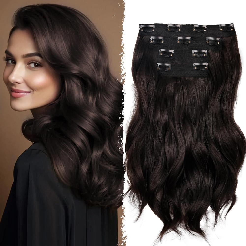 imageBlonde Clip in Hair Extensions 14 Inch Wavy Synthetic Hair Extensions Clip ins Color Dark Blonde with Bleach Blonde HighlightsDark Brown