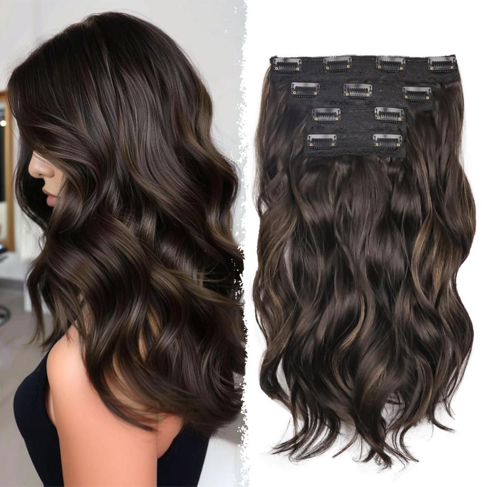 imageBlonde Clip in Hair Extensions 14 Inch Wavy Synthetic Hair Extensions Clip ins Color Dark Blonde with Bleach Blonde HighlightsDark Brown with Light Brown Highlights