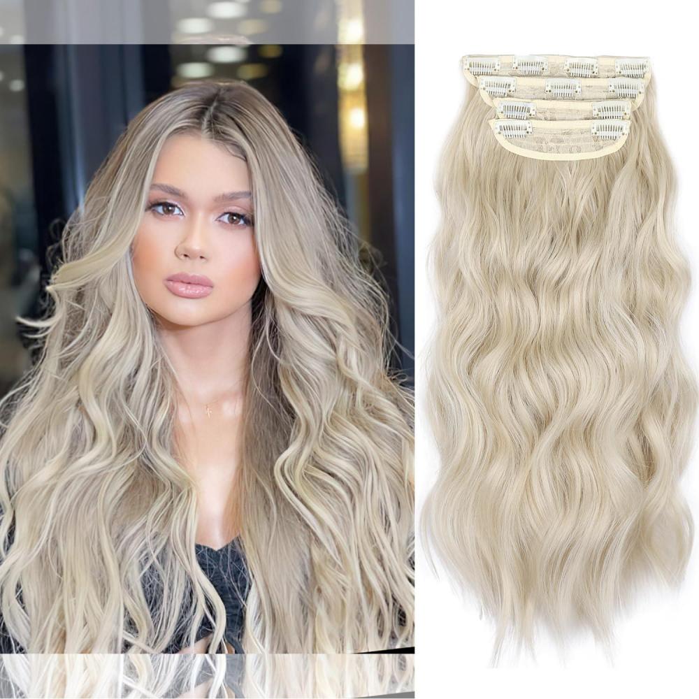 imageBlonde Clip in Hair Extensions 14 Inch Wavy Synthetic Hair Extensions Clip ins Color Dark Blonde with Bleach Blonde HighlightsLight Blonde Mix Bleach Blonde