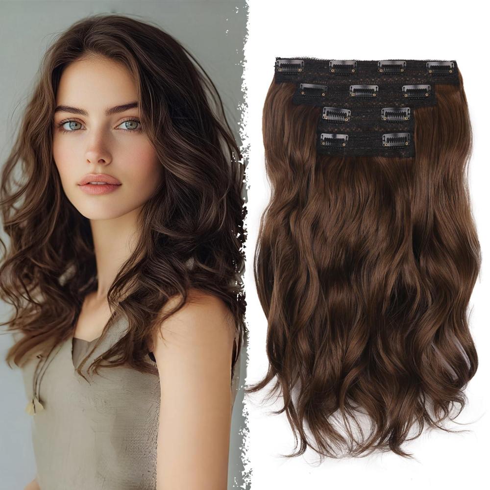 imageBlonde Clip in Hair Extensions 14 Inch Wavy Synthetic Hair Extensions Clip ins Color Dark Blonde with Bleach Blonde HighlightsLight Brown Mix Chocolate Brown