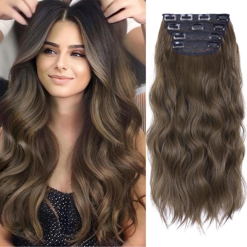 imageBlonde Clip in Hair Extensions  14 Inch Wavy Synthetic Hair Extensions Clip ins Color Dark Blonde with Bleach Blonde HighlightsMedium Brown
