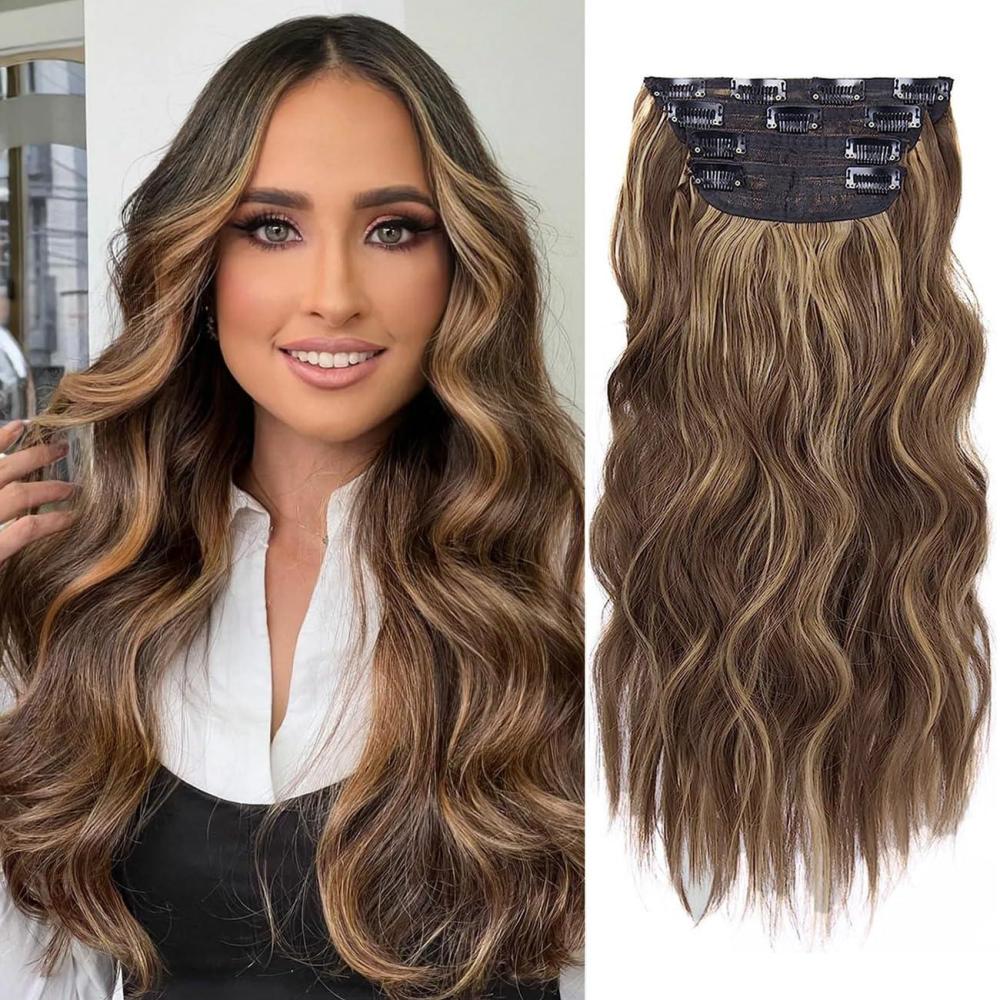 imageBlonde Clip in Hair Extensions 14 Inch Wavy Synthetic Hair Extensions Clip ins Color Dark Blonde with Bleach Blonde HighlightsMedium Brown with Honey Blonde Highlights
