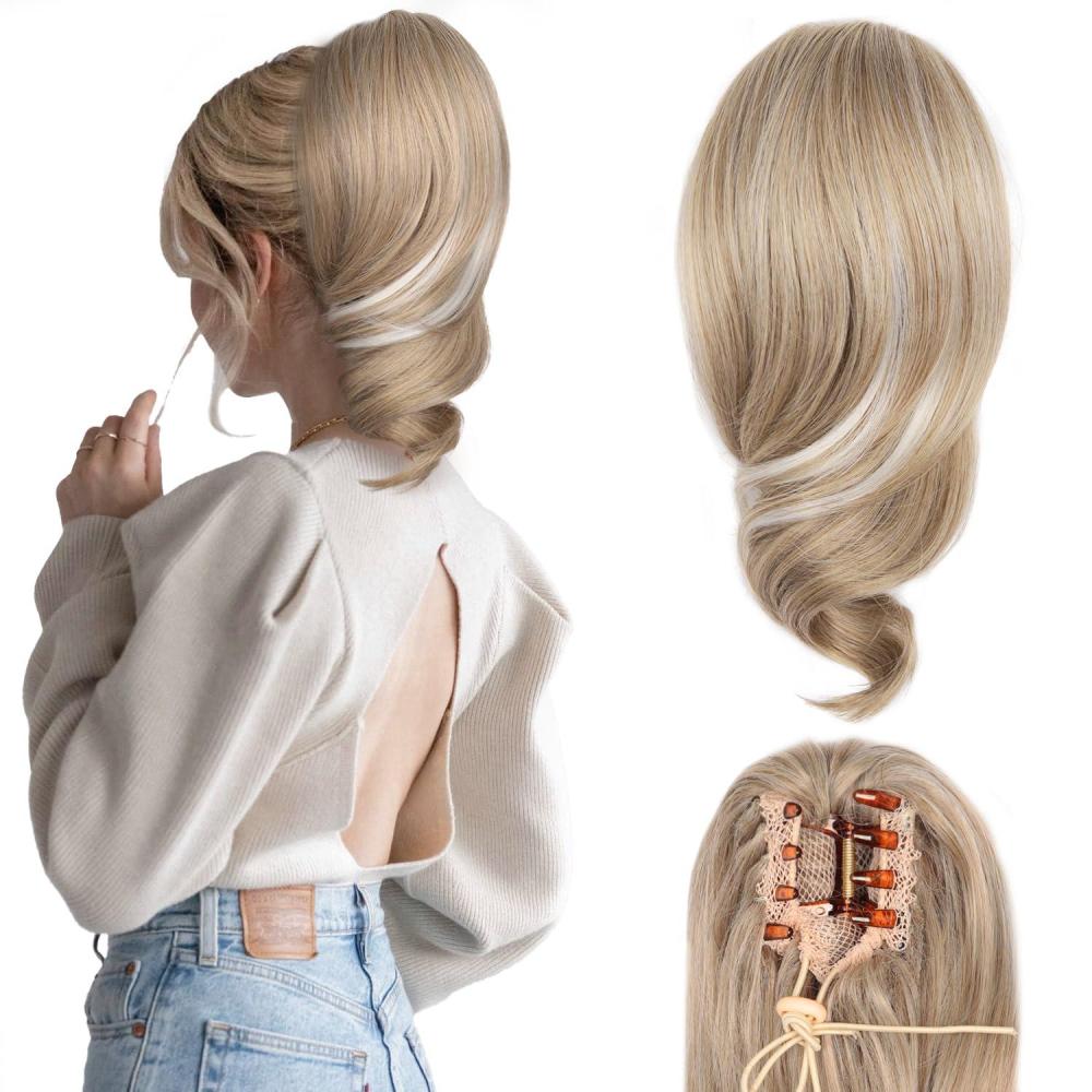 imageClaw Clip Ponytail Extension 12 Inch Soft Curly Pony Tails Hair Extensions Synthetic Hair Extensions Ponytail Clip in Ponytail Color Medium Blonde With Bleach Blonde EndsAsh Blonde with White Highlights