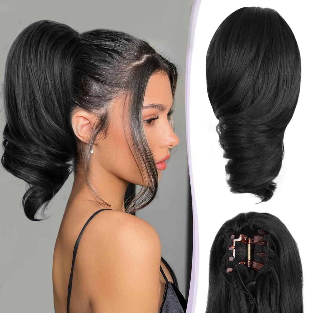 imageClaw Clip Ponytail Extension 12 Inch Soft Curly Pony Tails Hair Extensions Synthetic Hair Extensions Ponytail Clip in Ponytail Color Medium Blonde With Bleach Blonde EndsBlack