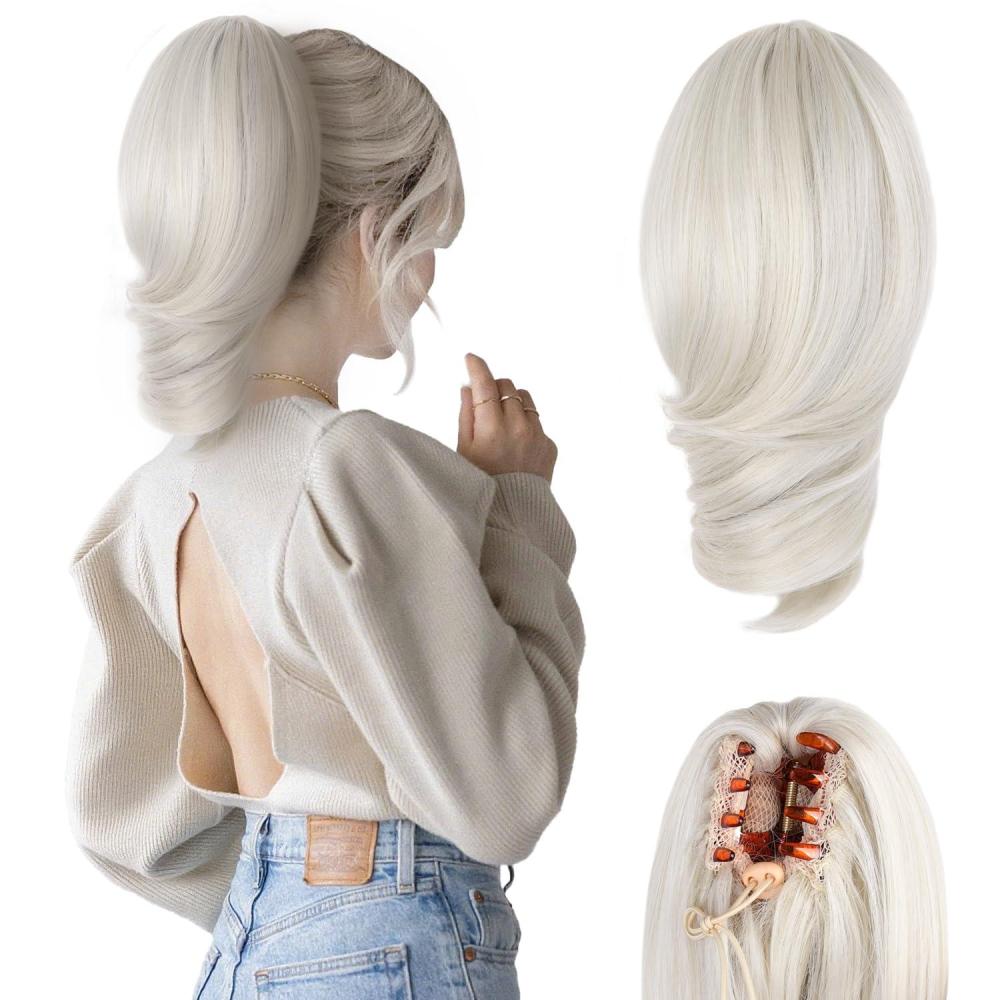 imageClaw Clip Ponytail Extension 12 Inch Soft Curly Pony Tails Hair Extensions Synthetic Hair Extensions Ponytail Clip in Ponytail Color Medium Blonde With Bleach Blonde EndsPlatinum Blonde
