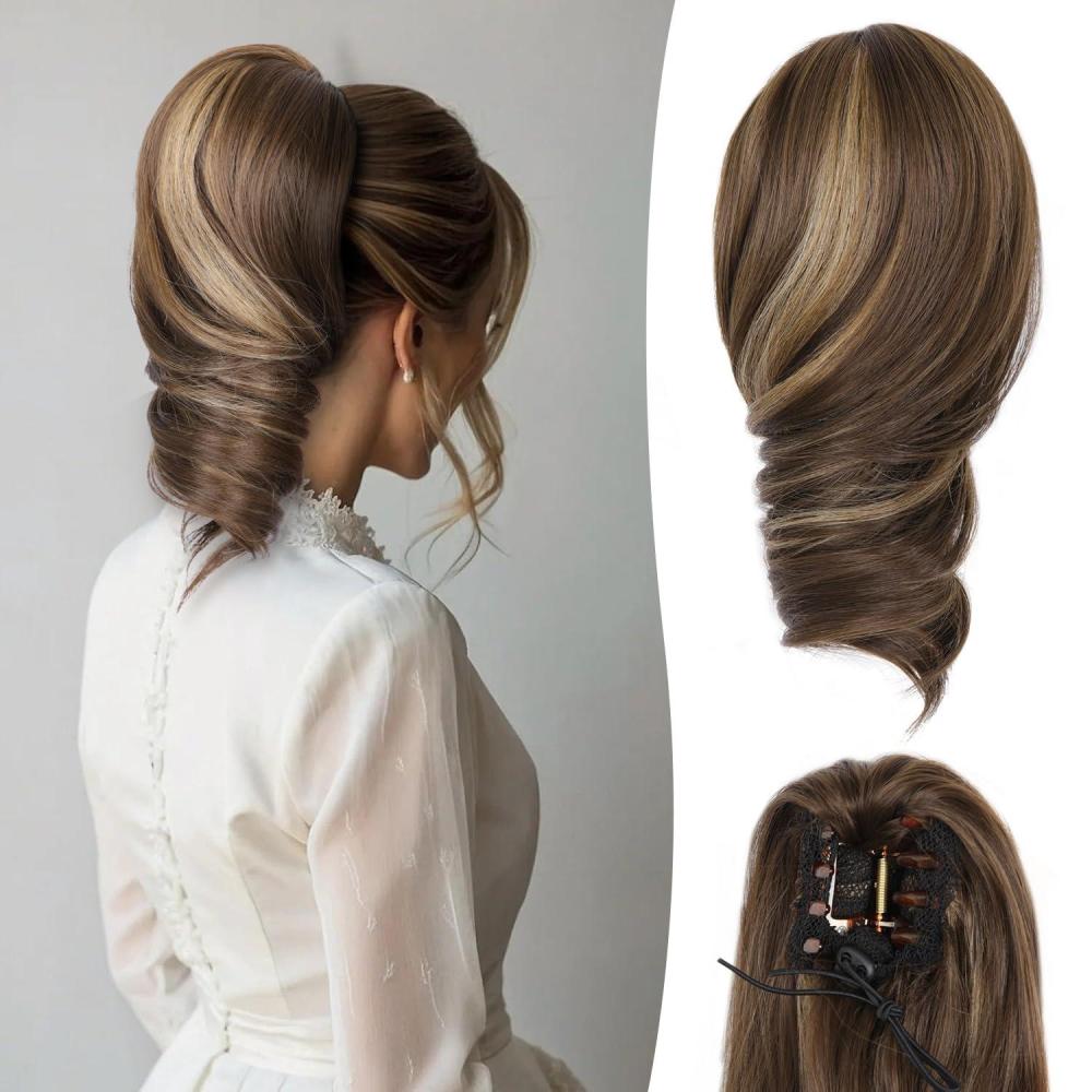 imageClaw Clip Ponytail Extension 12 Inch Soft Curly Pony Tails Hair Extensions Synthetic Hair Extensions Ponytail Clip in Ponytail Color Medium Blonde With Bleach Blonde EndsChestnut Brown With Golden Highlights