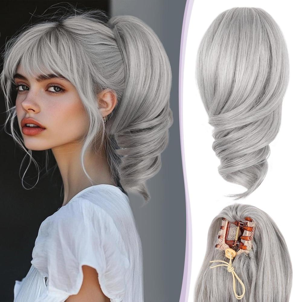 imageClaw Clip Ponytail Extension 12 Inch Soft Curly Pony Tails Hair Extensions Synthetic Hair Extensions Ponytail Clip in Ponytail Color Medium Blonde With Bleach Blonde EndsSilver Grey