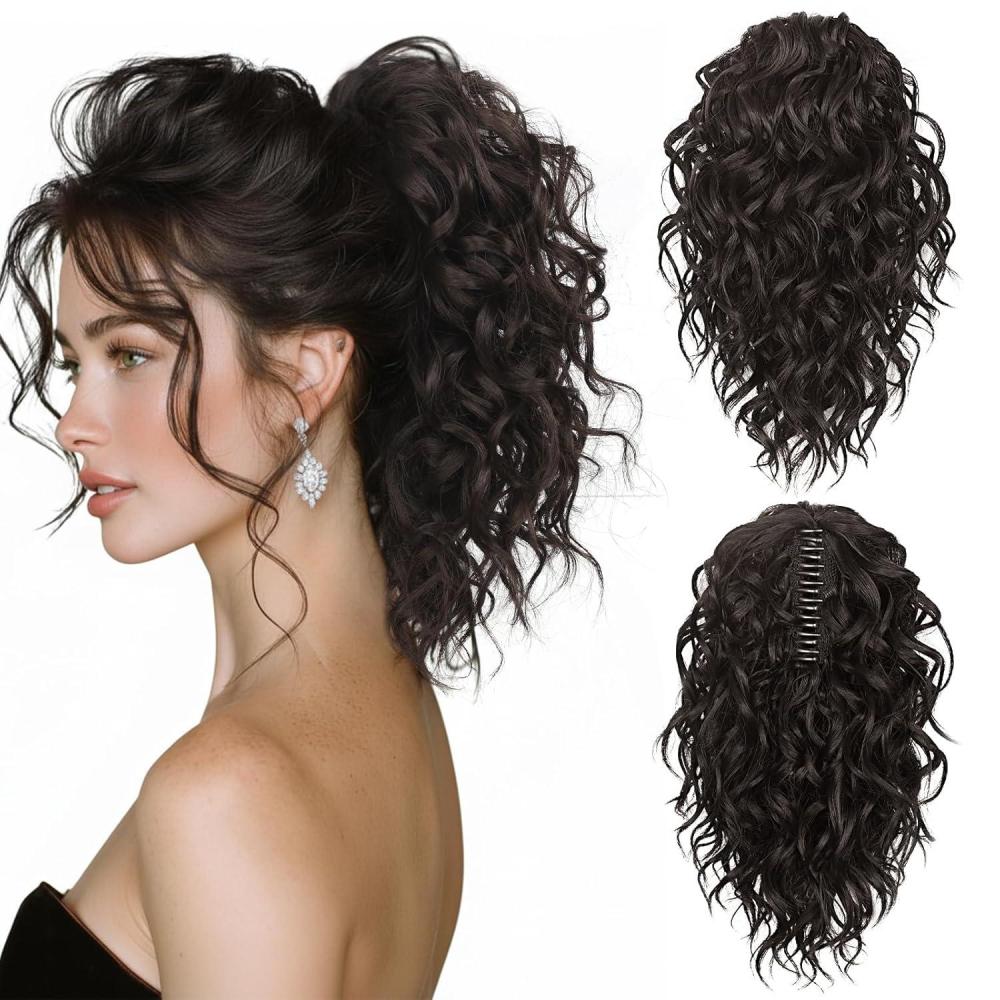 imageClip on Ponytails for Women  12 Inch Curly Black Ponytail Extension Curly Pony Tails Hair Extensions Synthetic Hair Extensions Ponytail Natural Hair Pieces for Women Color BlackDark Brown