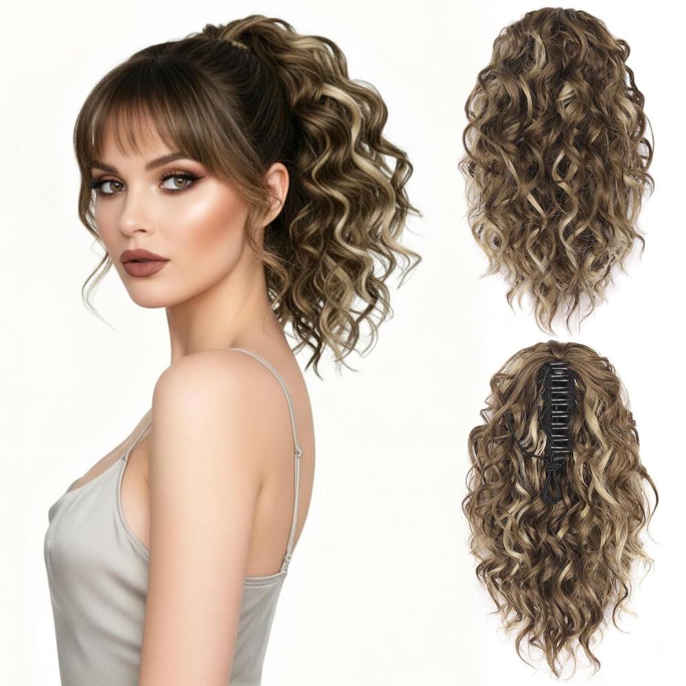 imageClip on Ponytails for Women  12 Inch Curly Black Ponytail Extension Curly Pony Tails Hair Extensions Synthetic Hair Extensions Ponytail Natural Hair Pieces for Women Color BlackAsh Brown with Beige Blonde Highlights