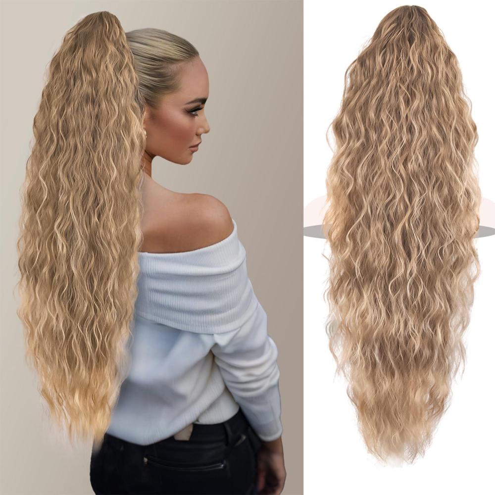 imageClip on Ponytails for Women 12 Inch Curly Black Ponytail Extension Curly Pony Tails Hair Extensions Synthetic Hair Extensions Ponytail Natural Hair Pieces for Women Color BlackAsh Blonde with Bleach Blonde Ends