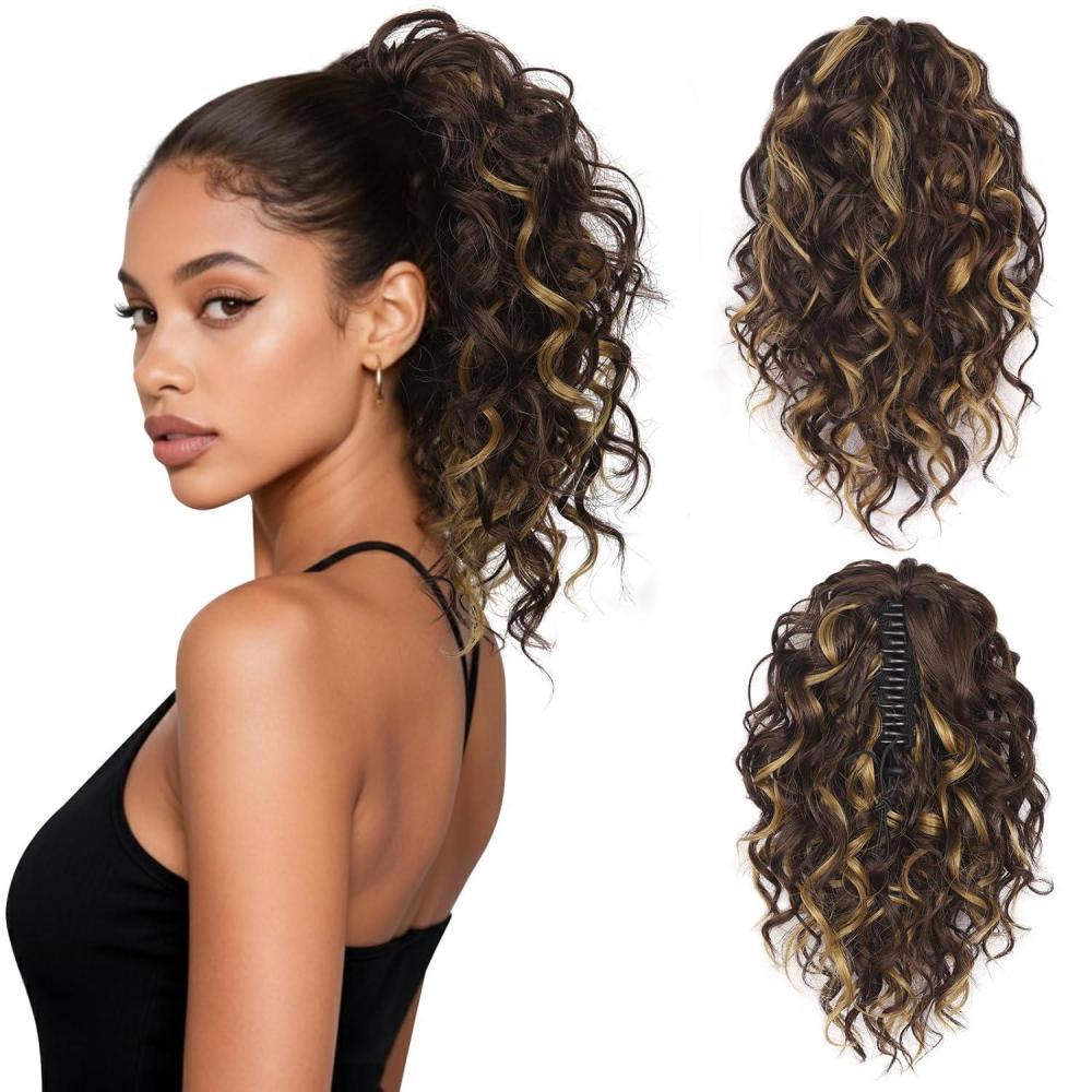 imageClip on Ponytails for Women 12 Inch Curly Black Ponytail Extension Curly Pony Tails Hair Extensions Synthetic Hair Extensions Ponytail Natural Hair Pieces for Women Color BlackBrown with Golden Highlights