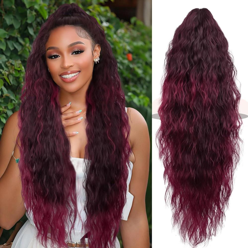 imageClip on Ponytails for Women 12 Inch Curly Black Ponytail Extension Curly Pony Tails Hair Extensions Synthetic Hair Extensions Ponytail Natural Hair Pieces for Women Color BlackOmbre Burgundy