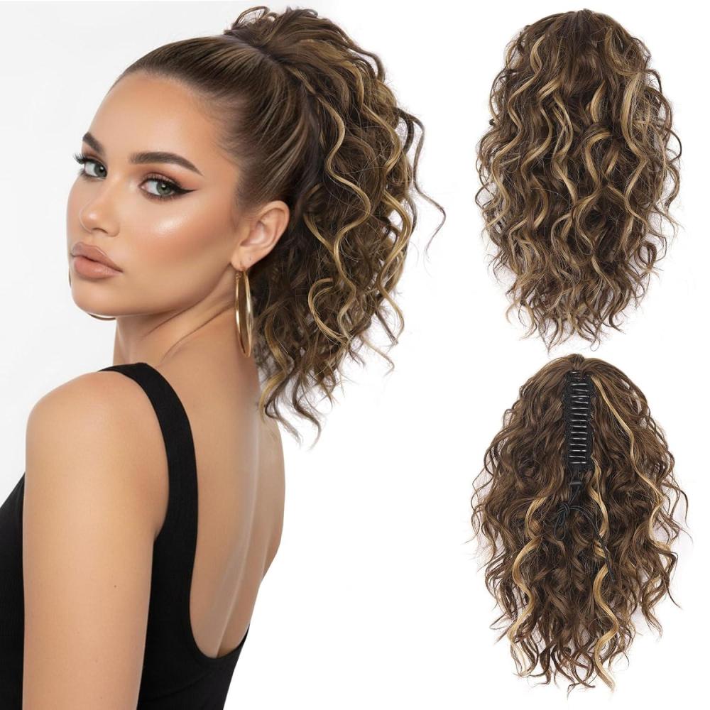 imageClip on Ponytails for Women 12 Inch Curly Black Ponytail Extension Curly Pony Tails Hair Extensions Synthetic Hair Extensions Ponytail Natural Hair Pieces for Women Color BlackChestnut Brown with Blonde Highlights