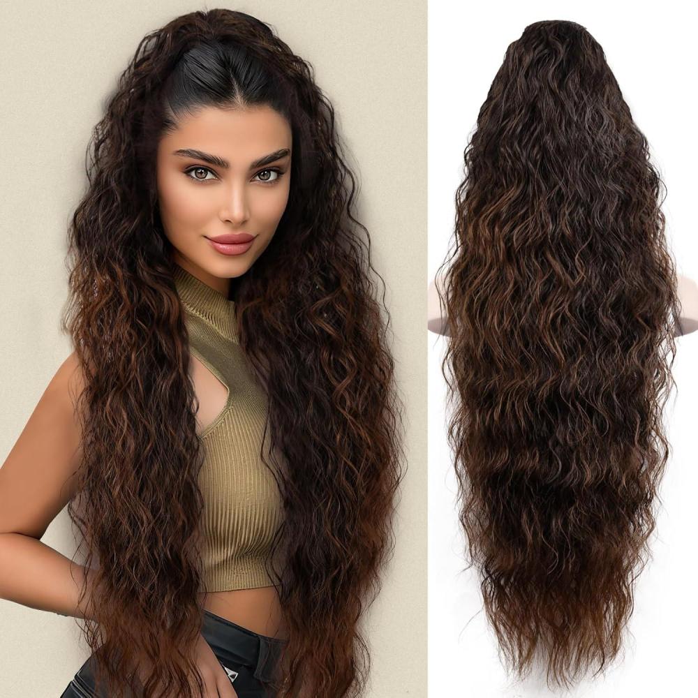imageClip on Ponytails for Women 12 Inch Curly Black Ponytail Extension Curly Pony Tails Hair Extensions Synthetic Hair Extensions Ponytail Natural Hair Pieces for Women Color BlackOmbre Almond Brown with Copper Brown Ends