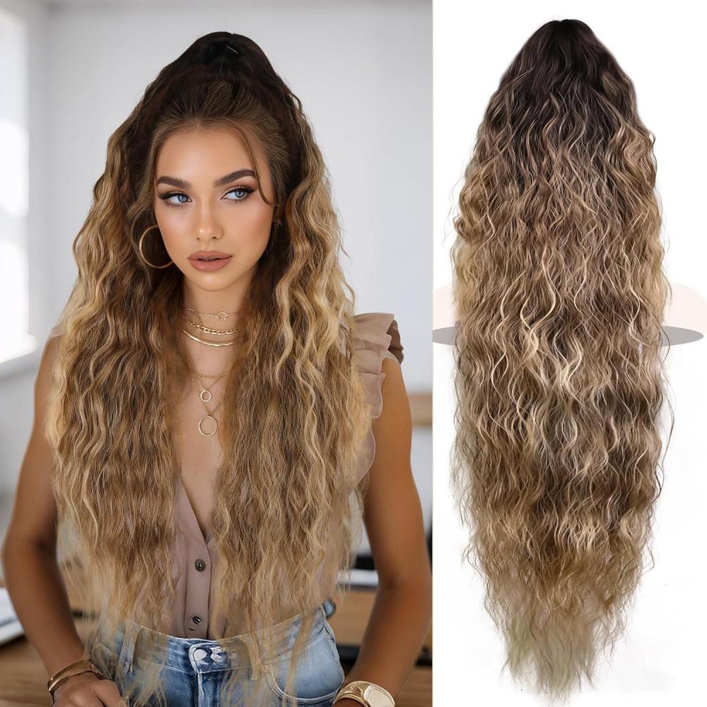 imageClip on Ponytails for Women 12 Inch Curly Black Ponytail Extension Curly Pony Tails Hair Extensions Synthetic Hair Extensions Ponytail Natural Hair Pieces for Women Color BlackOmbre Black Brown Mix Blonde