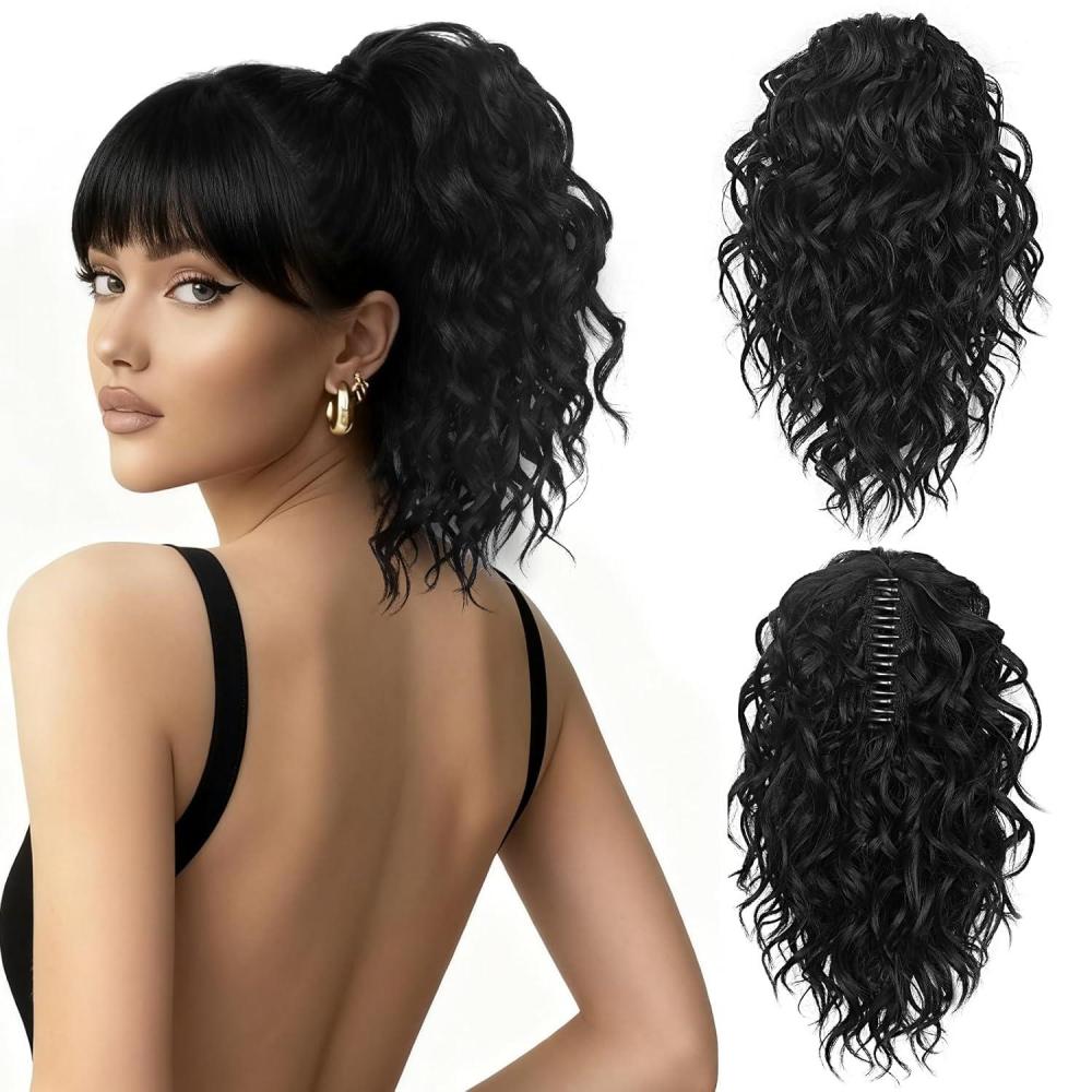 imageClip on Ponytails for Women  12 Inch Curly Black Ponytail Extension Curly Pony Tails Hair Extensions Synthetic Hair Extensions Ponytail Natural Hair Pieces for Women Color BlackBlack
