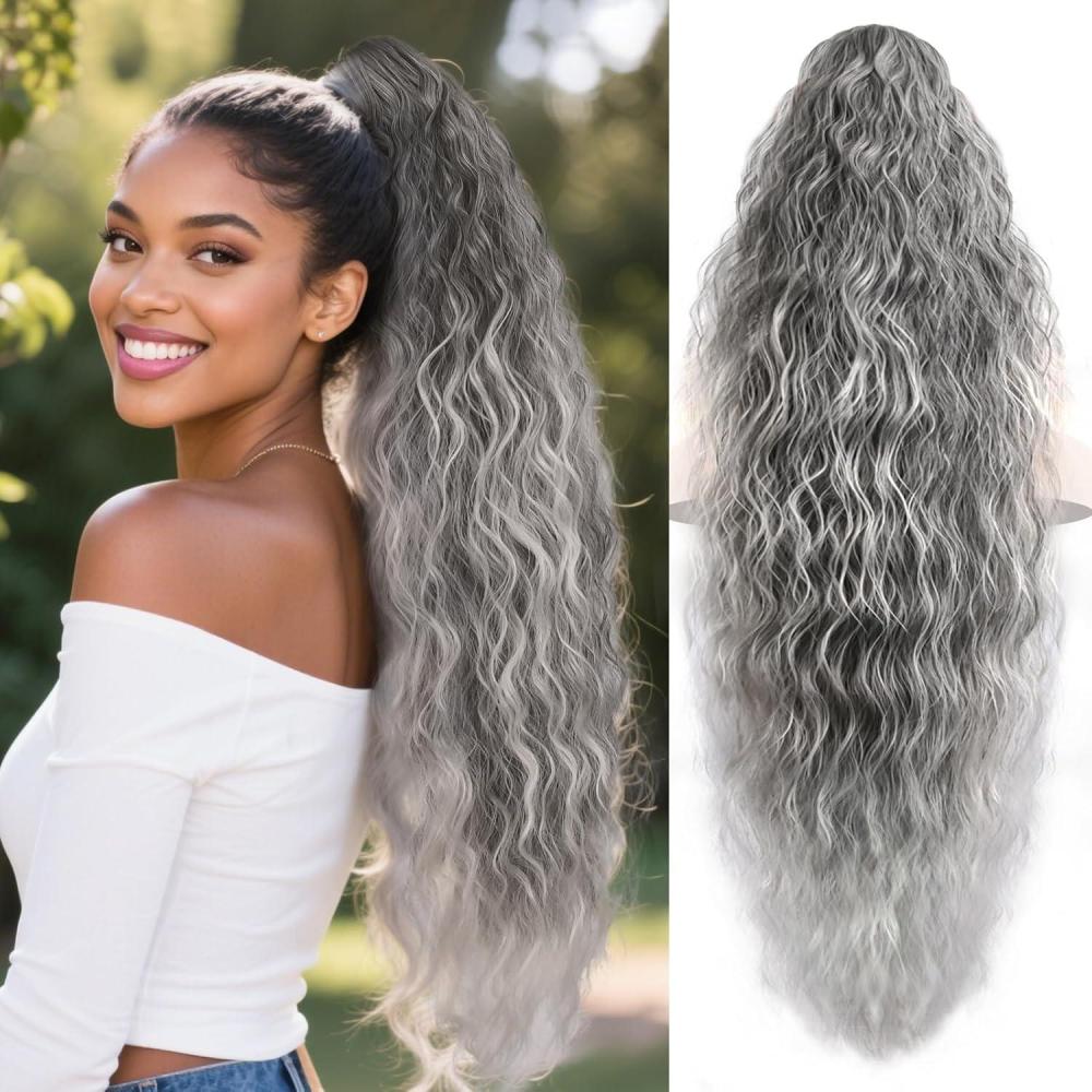 imageClip on Ponytails for Women 12 Inch Curly Black Ponytail Extension Curly Pony Tails Hair Extensions Synthetic Hair Extensions Ponytail Natural Hair Pieces for Women Color BlackOmbre Sliver Grey