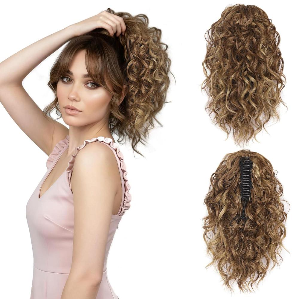 imageClip on Ponytails for Women 12 Inch Curly Black Ponytail Extension Curly Pony Tails Hair Extensions Synthetic Hair Extensions Ponytail Natural Hair Pieces for Women Color BlackLight Brown with Blonde Highlights