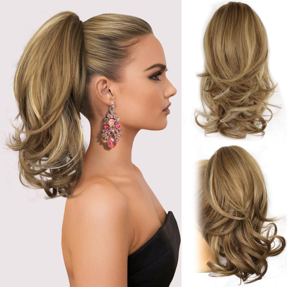 imageClip on Ponytails for Women 26 Inch Long Ponytail Extension Wavy Pony Tails Hair Extensions Synthetic Hair Extensions Ponytail Clip in Ponytail Color Chestnut Brown With Golden HighlightsLight Brown With Beige Highlights
