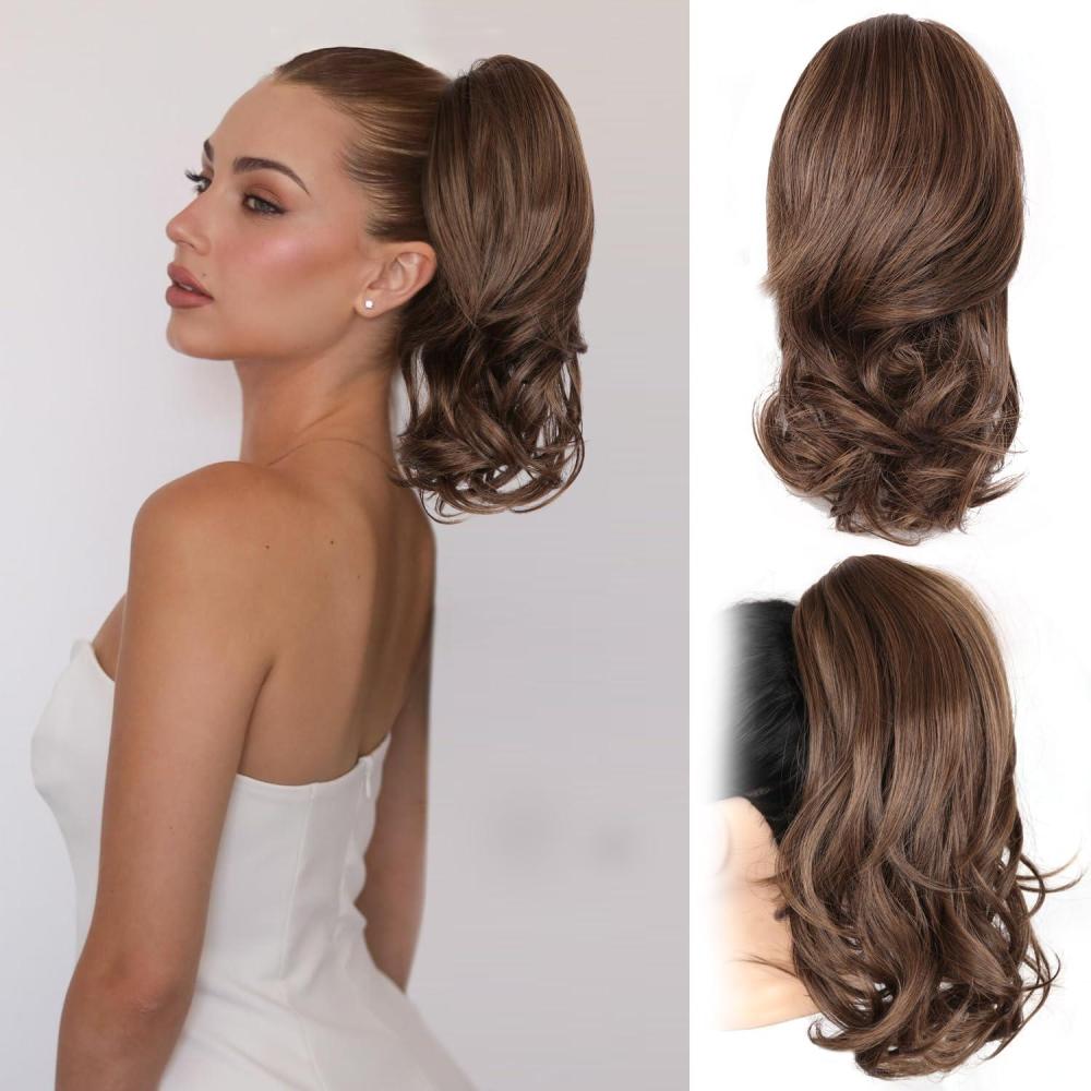 imageClip on Ponytails for Women 26 Inch Long Ponytail Extension Wavy Pony Tails Hair Extensions Synthetic Hair Extensions Ponytail Clip in Ponytail Color Chestnut Brown With Golden HighlightsMedium Brown Mixed Honey Blonde