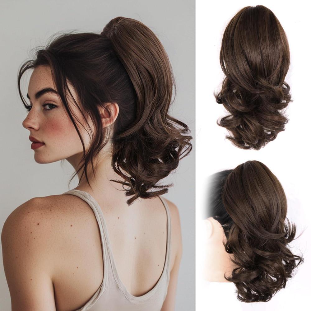 imageClip on Ponytails for Women 26 Inch Long Ponytail Extension Wavy Pony Tails Hair Extensions Synthetic Hair Extensions Ponytail Clip in Ponytail Color Chestnut Brown With Golden HighlightsChocolate Brown