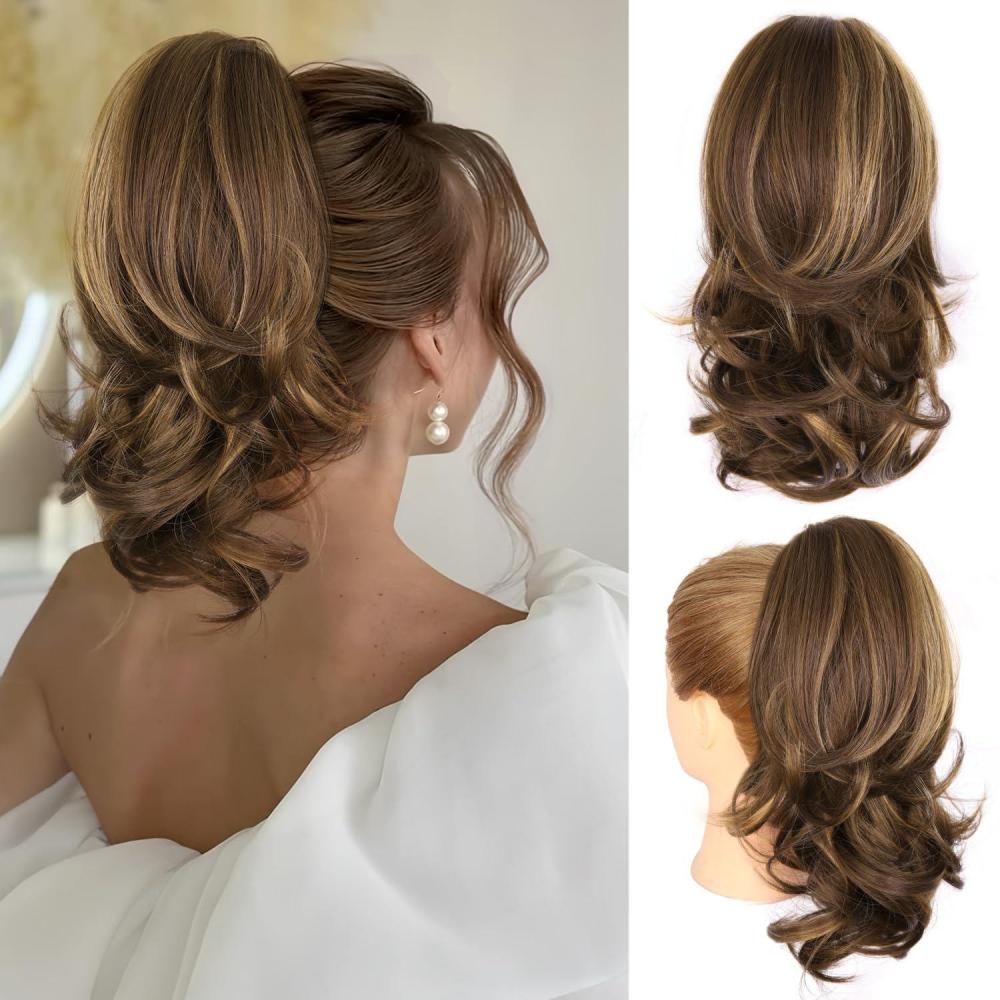 imageClip on Ponytails for Women 26 Inch Long Ponytail Extension Wavy Pony Tails Hair Extensions Synthetic Hair Extensions Ponytail Clip in Ponytail Color Chestnut Brown With Golden HighlightsChestnut Brown With Golden Highlights