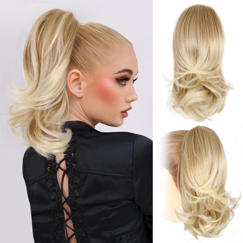 imageClip on Ponytails for Women 26 Inch Long Ponytail Extension Wavy Pony Tails Hair Extensions Synthetic Hair Extensions Ponytail Clip in Ponytail Color Chestnut Brown With Golden HighlightsMedium Blonde With Bleach Blonde Ends