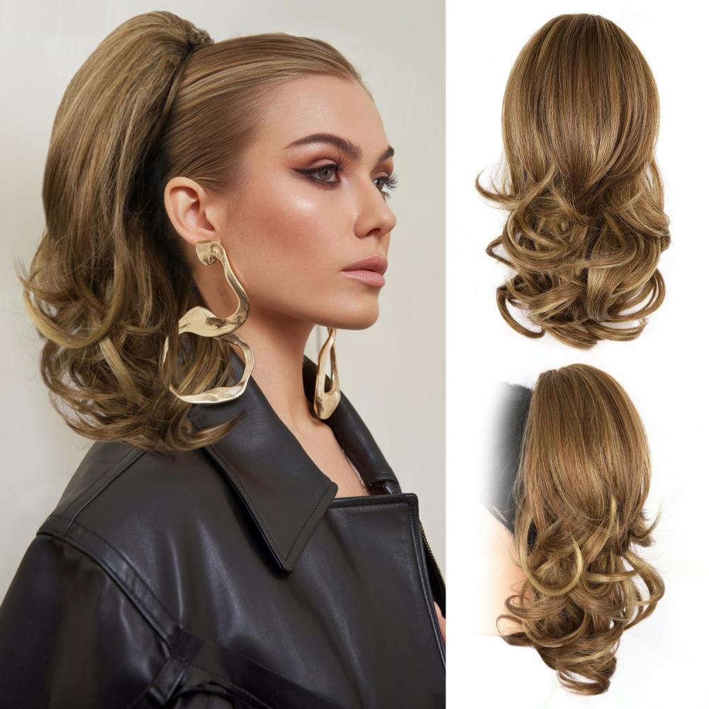 imageClip on Ponytails for Women 26 Inch Long Ponytail Extension Wavy Pony Tails Hair Extensions Synthetic Hair Extensions Ponytail Clip in Ponytail Color Chestnut Brown With Golden HighlightsLight Brown With Blonde Highlights