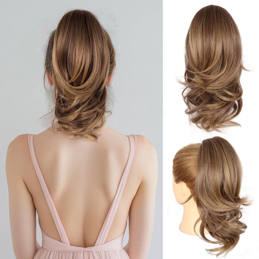 imageClip on Ponytails for Women 26 Inch Long Ponytail Extension Wavy Pony Tails Hair Extensions Synthetic Hair Extensions Ponytail Clip in Ponytail Color Chestnut Brown With Golden HighlightsLight Brown with Blonde Ends