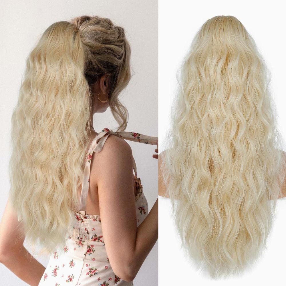 imagePonytail Extension for Women 26 inch Drawstring Ponytail Extension Wavy Pony Tails Hair Extensions Synthetic Hair Extensions Ponytail for Daily Use Deep Almond Brown with Wheat Germ BlondeBeige
