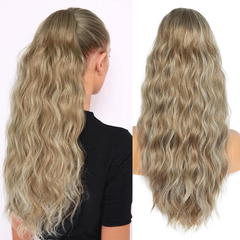 imagePonytail Extension for Women 26 inch Drawstring Ponytail Extension Wavy Pony Tails Hair Extensions Synthetic Hair Extensions Ponytail for Daily Use Deep Almond Brown with Wheat Germ BlondeLight Ash Brown Mixed White