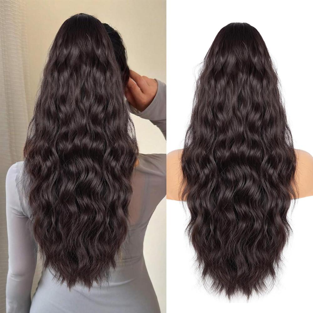 imagePonytail Extension for Women 26 inch Drawstring Ponytail Extension Wavy Pony Tails Hair Extensions Synthetic Hair Extensions Ponytail for Daily Use Deep Almond Brown with Wheat Germ BlondeDark Brown With a Slight Auburn Luster
