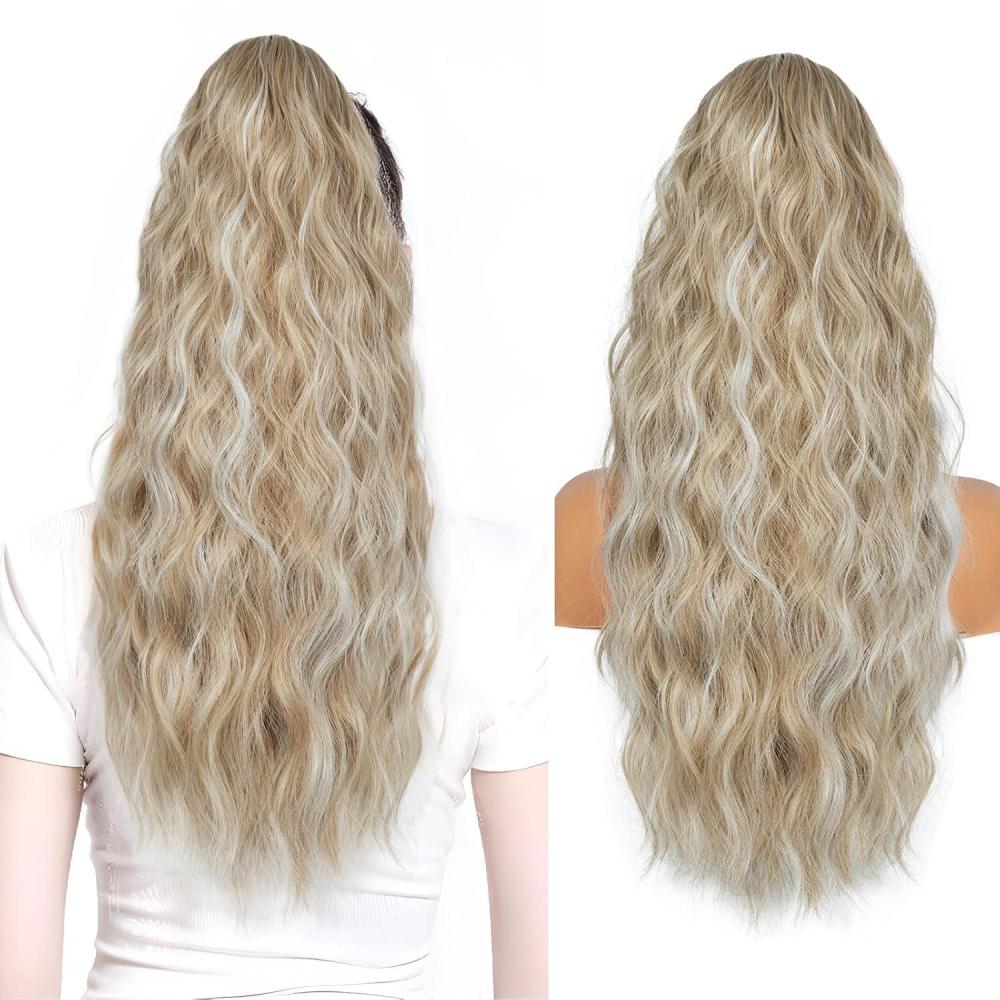 imagePonytail Extension for Women 26 inch Drawstring Ponytail Extension Wavy Pony Tails Hair Extensions Synthetic Hair Extensions Ponytail for Daily Use Deep Almond Brown with Wheat Germ BlondeAsh Blonde with White Highlights