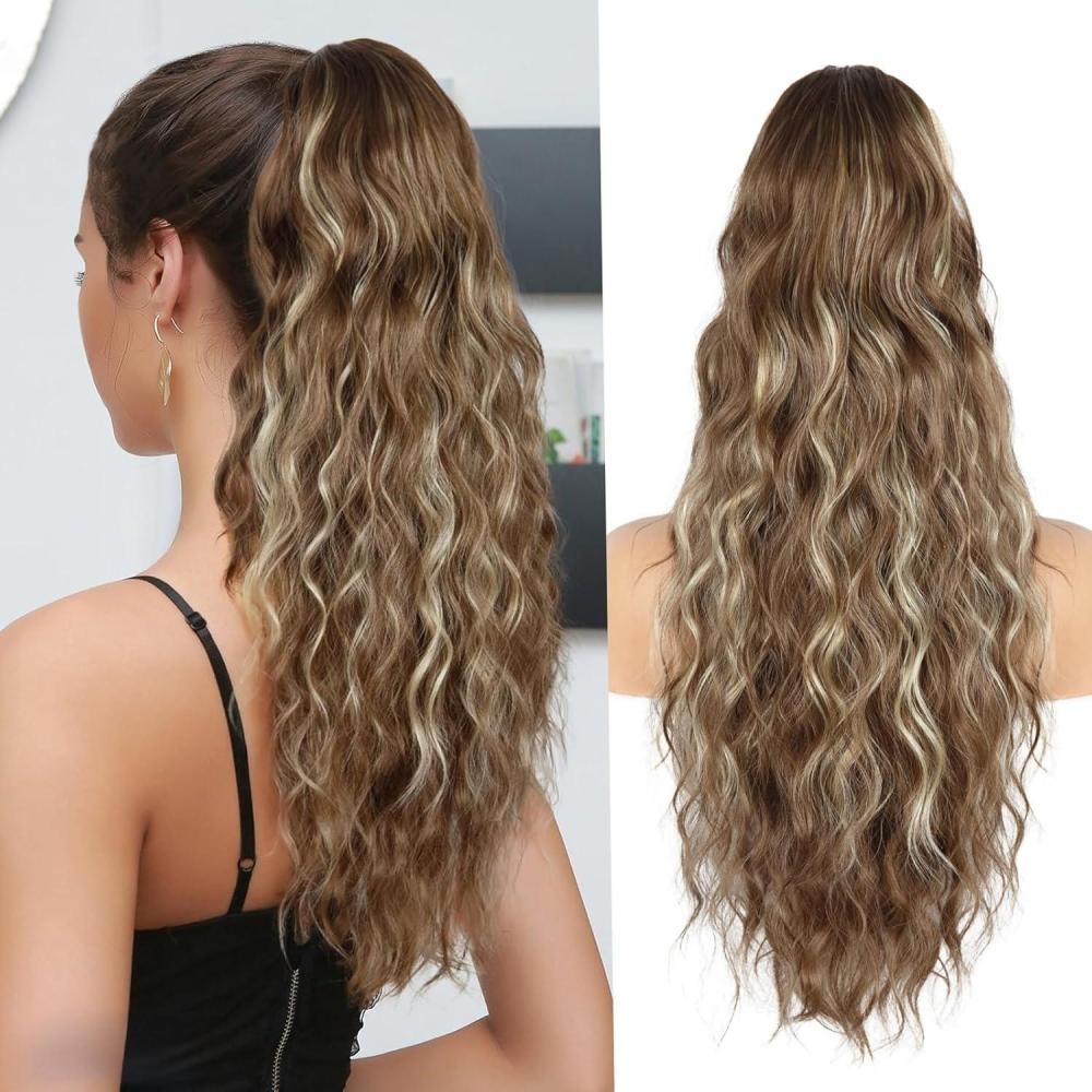 imagePonytail Extension for Women 26 inch Drawstring Ponytail Extension Wavy Pony Tails Hair Extensions Synthetic Hair Extensions Ponytail for Daily Use Deep Almond Brown with Wheat Germ BlondeDeep Almond Brown with Wheat Germ Blonde