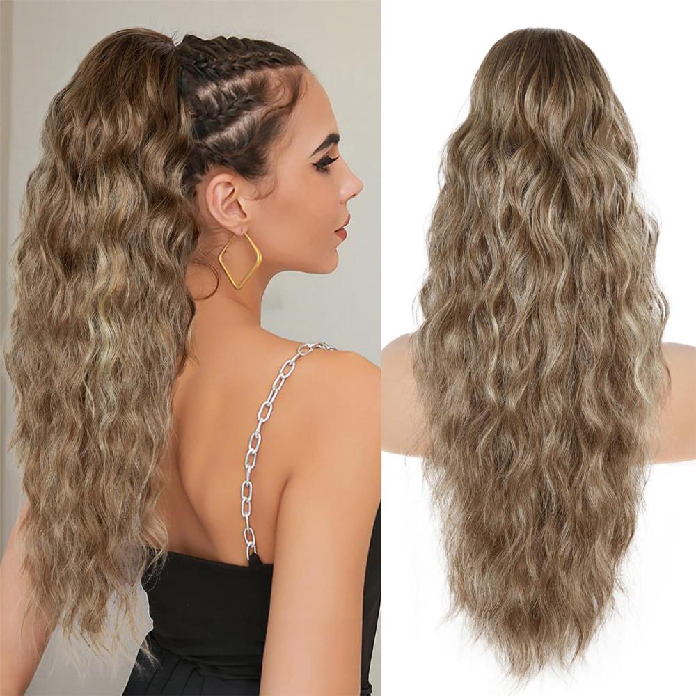 imagePonytail Extension for Women 26 inch Drawstring Ponytail Extension Wavy Pony Tails Hair Extensions Synthetic Hair Extensions Ponytail for Daily Use Deep Almond Brown with Wheat Germ BlondeAsh Brown Mixed Beige Blonde