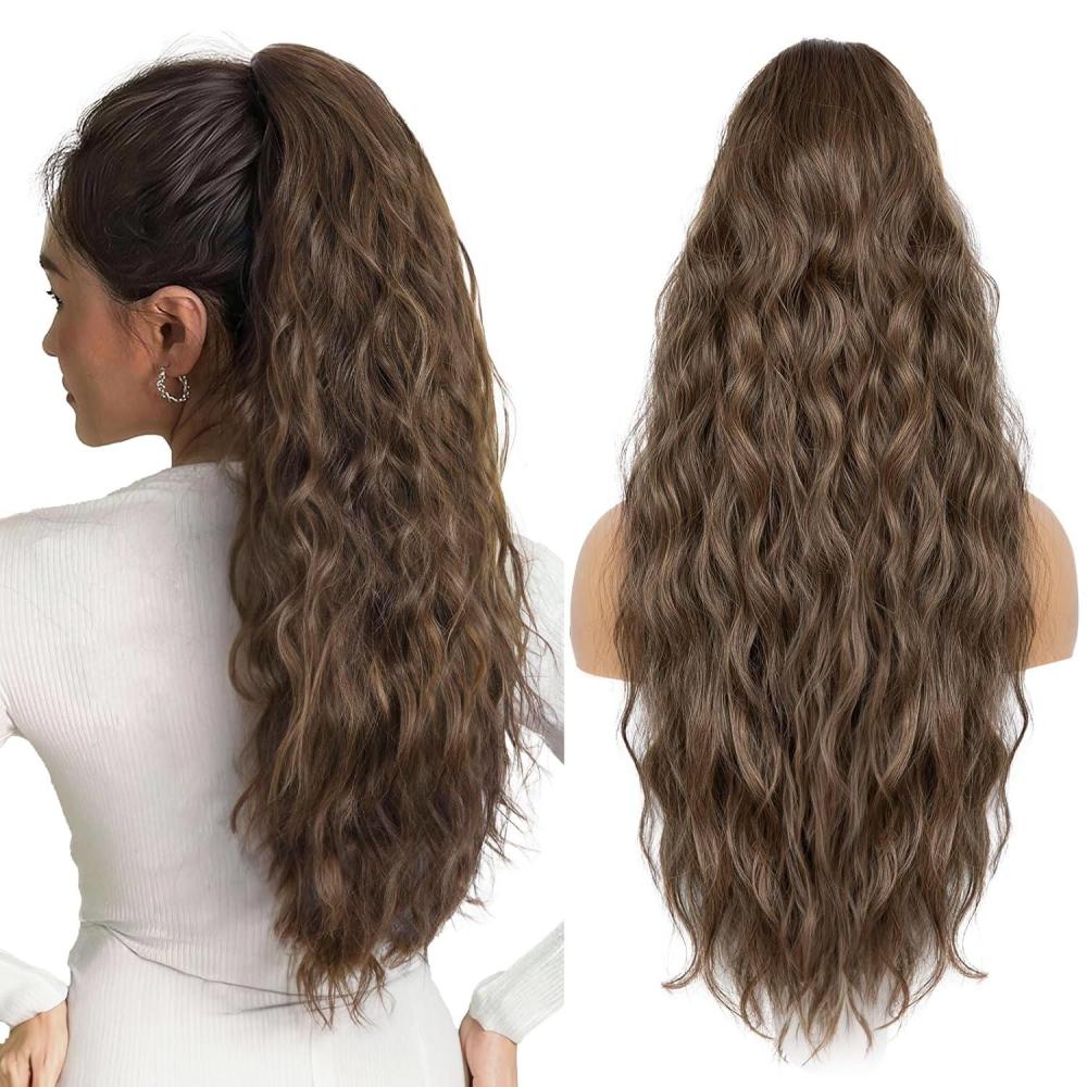 imagePonytail Extension for Women 26 inch Drawstring Ponytail Extension Wavy Pony Tails Hair Extensions Synthetic Hair Extensions Ponytail for Daily Use Deep Almond Brown with Wheat Germ BlondeOrange Brown