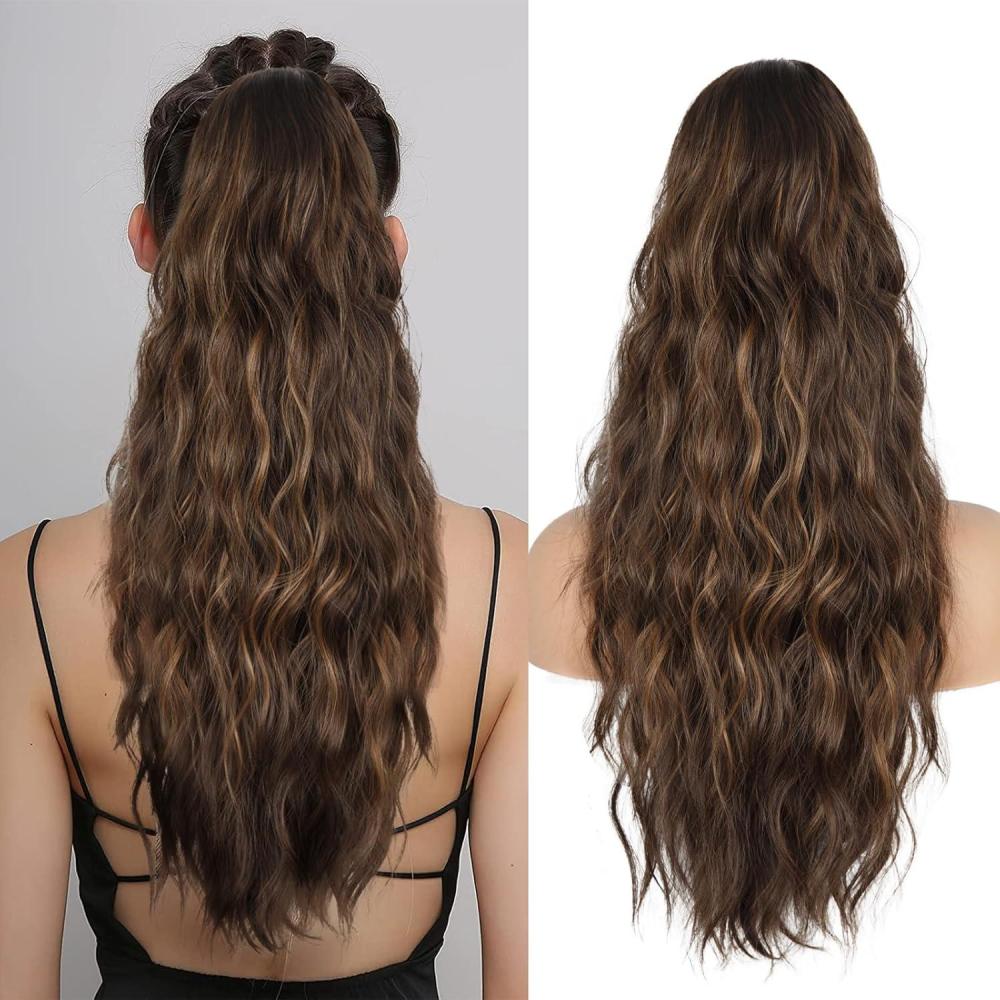 imagePonytail Extension for Women 26 inch Drawstring Ponytail Extension Wavy Pony Tails Hair Extensions Synthetic Hair Extensions Ponytail for Daily Use Deep Almond Brown with Wheat Germ BlondeBrown Mixed Honey Blonde