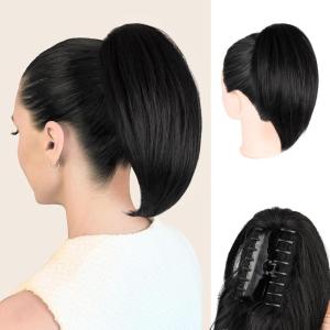 10 Inch Short Ponytail Extension – Soft Straight Pony Tails Hair Extensions, Claw Clip Ponytail Extension, Natural Short Hair Extensions Ponytail, Synthetic Hair Pieces for Women (Color: Black Brown)(Black)