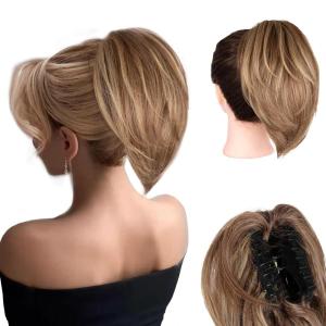 10 Inch Short Ponytail Extension – Soft Straight Pony Tails Hair Extensions, Claw Clip Ponytail Extension, Natural Short Hair Extensions Ponytail, Synthetic Hair Pieces for Women (Color: Black Brown)(Light Brown Mixed Blonde)