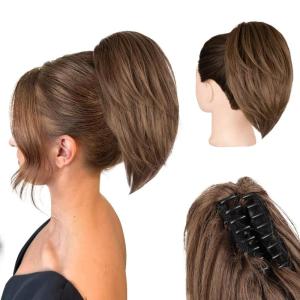 10 Inch Short Ponytail Extension – Soft Straight Pony Tails Hair Extensions, Claw Clip Ponytail Extension, Natural Short Hair Extensions Ponytail, Synthetic Hair Pieces for Women (Color: Black Brown)(Red Brown Mixed Light Brown)