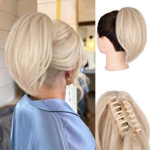 10 Inch Short Ponytail Extension – Soft Straight Pony Tails Hair Extensions, Claw Clip Ponytail Extension, Natural Short Hair Extensions Ponytail, Synthetic Hair Pieces for Women (Color: Black Brown)(Light Blonde)
