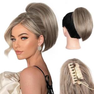 10 Inch Short Ponytail Extension – Soft Straight Pony Tails Hair Extensions, Claw Clip Ponytail Extension, Natural Short Hair Extensions Ponytail, Synthetic Hair Pieces for Women (Color: Black Brown)(Light Ash Brown Mixed White)