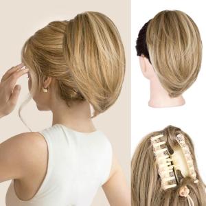 10 Inch Short Ponytail Extension – Soft Straight Pony Tails Hair Extensions, Claw Clip Ponytail Extension, Natural Short Hair Extensions Ponytail, Synthetic Hair Pieces for Women (Color: Black Brown)(Dark Blonde with Beige Blonde Highlights)