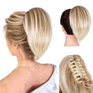 10 Inch Short Ponytail Extension – Soft Straight Pony Tails Hair Extensions, Claw Clip Ponytail Extension, Natural Short Hair Extensions Ponytail, Synthetic Hair Pieces for Women (Color: Black Brown)(Blonde with Bleach Blonde Ends)
