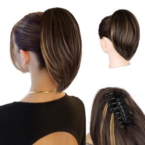 10 Inch Short Ponytail Extension – Soft Straight Pony Tails Hair Extensions, Claw Clip Ponytail Extension, Natural Short Hair Extensions Ponytail, Synthetic Hair Pieces for Women (Color: Black Brown)(Brown with Blonde Highlights)