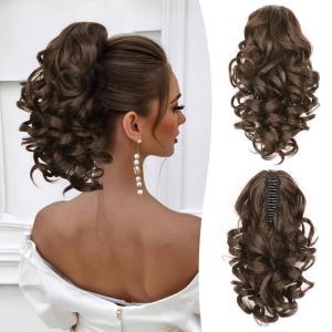 24 Inch Blonde Ponytail Extension, Clip on Ponytails for Women, Long Curly Ponytail Extensions for Women, Synthetic Layered Pony Tails Hair Extensions (Color: Dark Blonde With Beige Blonde Highlights)(Dark Chocolate Brown)