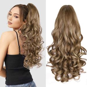 24 Inch Blonde Ponytail Extension, Clip on Ponytails for Women, Long Curly Ponytail Extensions for Women, Synthetic Layered Pony Tails Hair Extensions (Color: Dark Blonde With Beige Blonde Highlights)(Light Brown With Dark Blonde Highlights)